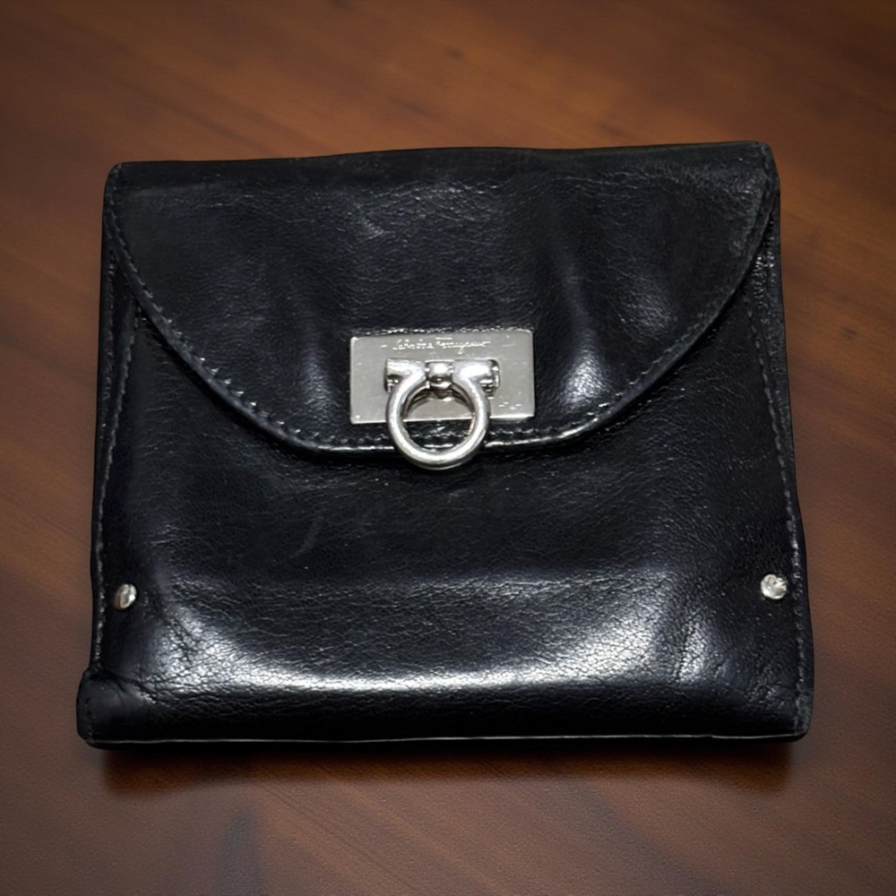 Salvatore Ferragamo vintage Black Leather Wallet with Silver Accents